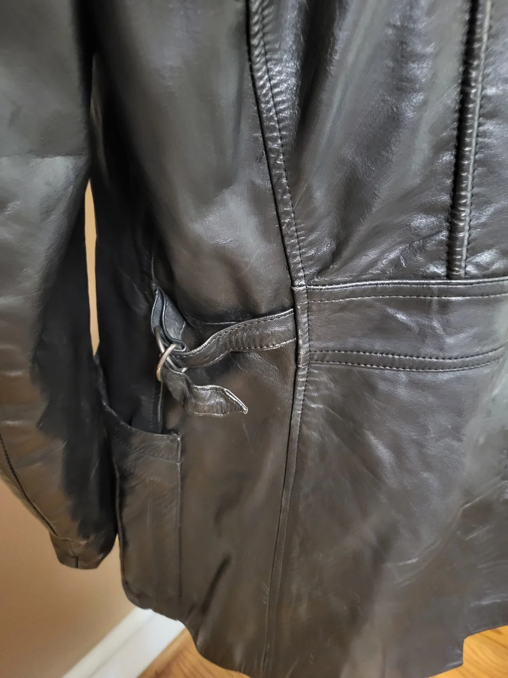 Vtg. Men's Black Leather Button-Front Trench Coat, Size 42, Meduim